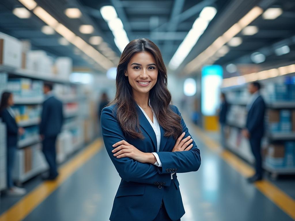 Mujer con traje azul cruzada de brazos sonriendo en un almacén moderno con pasillos llenos de estanterías.