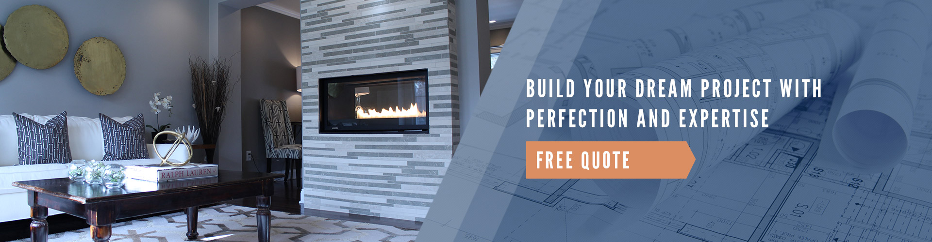 Modern living room with fireplace and decor, featuring a promotion for construction services including a free quote.