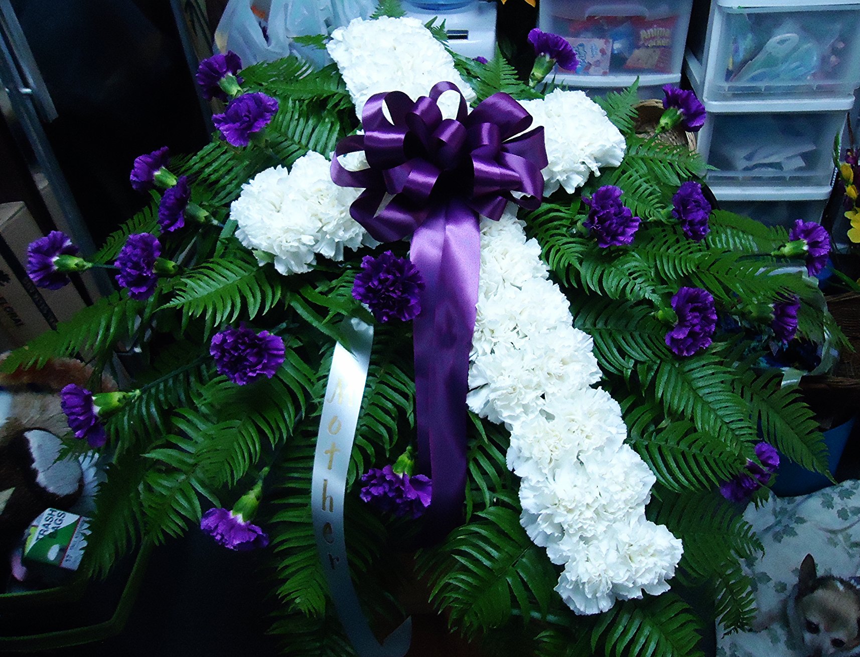 &quot;HEAVENLY&quot;  
Purple Carnations w/
 White Carnation Cross
     $425.00