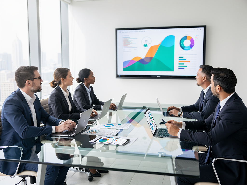 Equipo ejecutivo en reunión de negocios analizando gráficos de datos en pantalla con portátiles en sala de juntas moderna