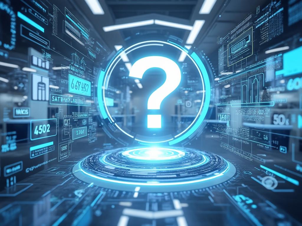 Imagen de un entorno digital futurista con un signo de interrogación central iluminado y paneles de datos holográficos. Imagen de un entorno digital futurista con un signo de interrogación central iluminado y paneles de datos holográficos.