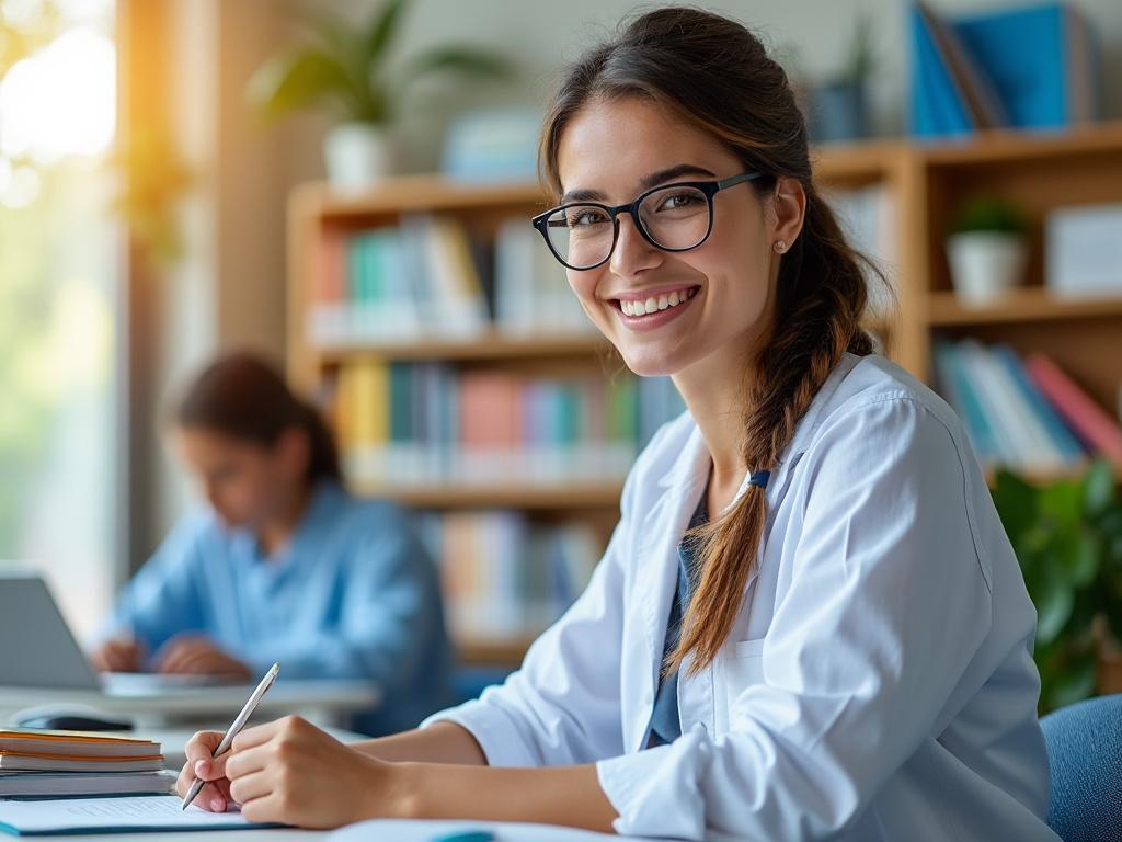 Mujer joven con gafas y bata blanca sonriendo, sentada en una biblioteca con estanterías llenas de libros, mientras escribe en un cuaderno.