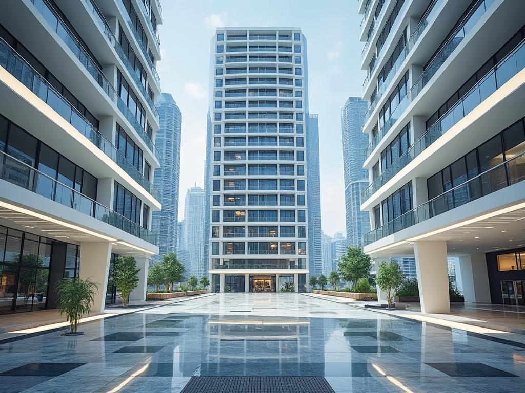 Complejo moderno de edificios de apartamentos con diseño minimalista, rodeado de rascacielos y cielo despejado, visto desde un patio central con pavimento brillante.