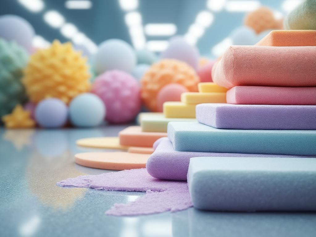 Piezas de espuma de colores pastel apiladas en una superficie reflectante con bolas texturizadas de fondo. Piezas de espuma de colores pastel apiladas en una superficie reflectante con bolas texturizadas de fondo.