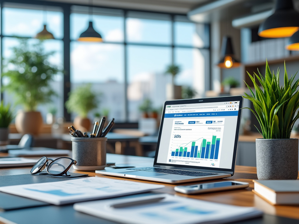 Oficina moderna con laptop mostrando gráficos de datos en pantalla, plantas decorativas y papeles en el escritorio.