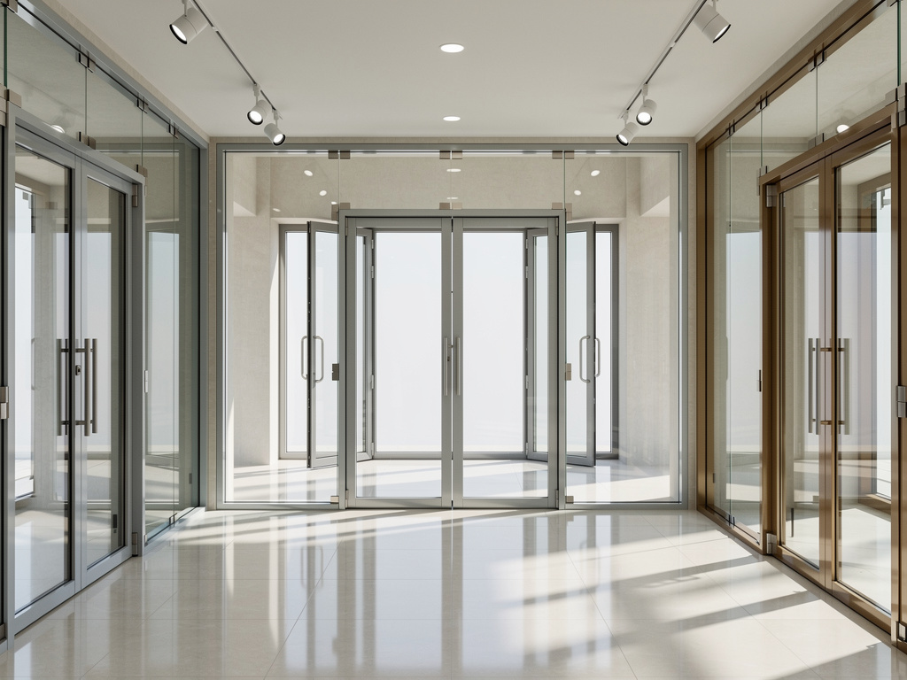 Vestíbulo moderno con puertas de vidrio y marcos metálicos, iluminación de riel y suelo brillante