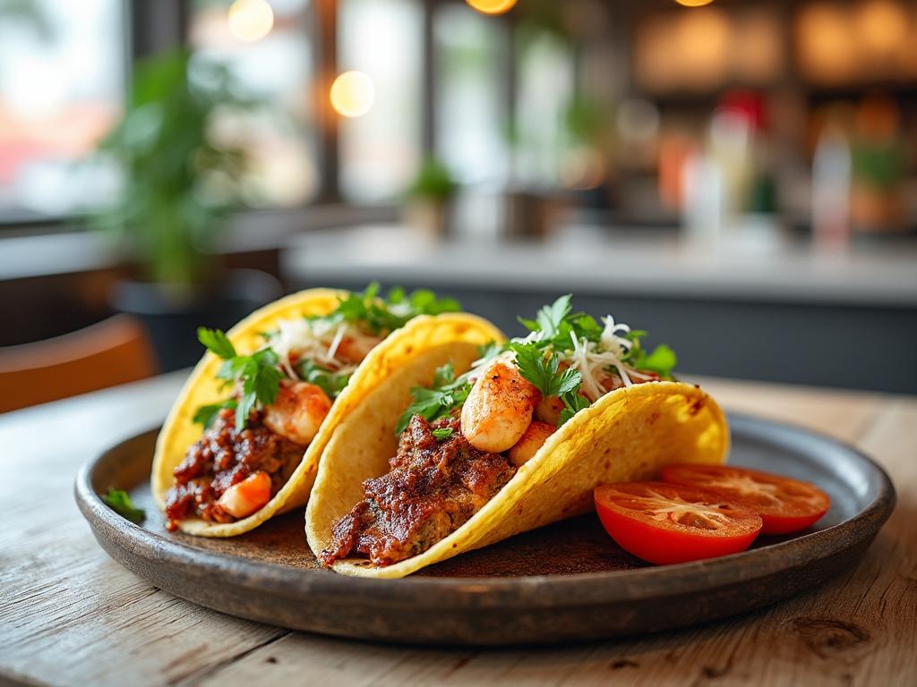 Tacos de camarón con cilantro y tomate en un plato, sobre una mesa de madera, en un restaurante.