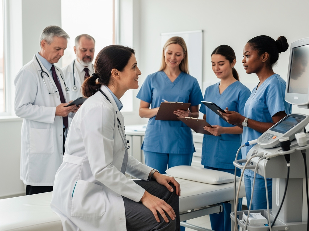 Equipo médico en consulta hospitalaria con doctores, enfermeras y equipo de diagnóstico