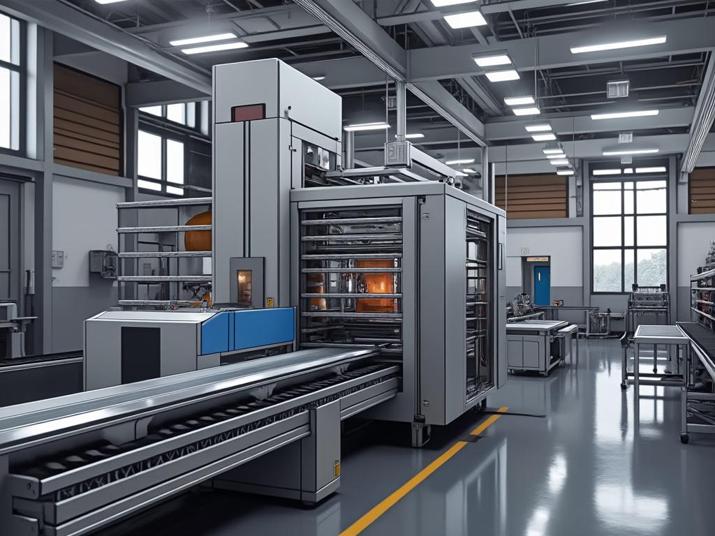 Modern industrial baking oven in a large, well-lit factory setting with conveyor belts. Modern industrial baking oven in a large, well-lit factory setting with conveyor belts.