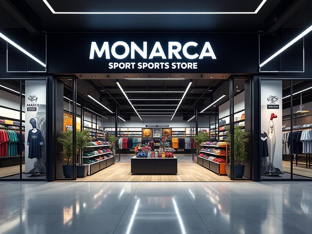 Tienda de deportes Monarca con ropa y accesorios en exhibición, diseño moderno y señalización iluminada.