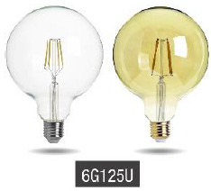 Bombillo vintage G125 Globo 
6W Claro/golden 2700k 400 lm E27 
110-130V 18.000 Hr. Evergreen  
 Cod-15380-15381
