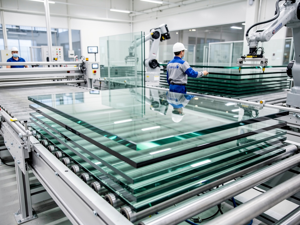 Línea automatizada de fabricación de vidrio con brazos robóticos y operarios manipulando paneles de vidrio laminado