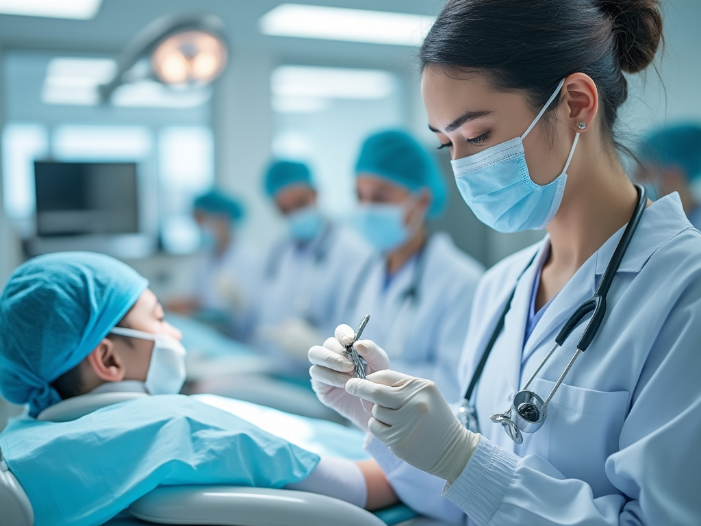 Doctora en quirófano preparando instrumentos quirúrgicos junto a otros profesionales médicos