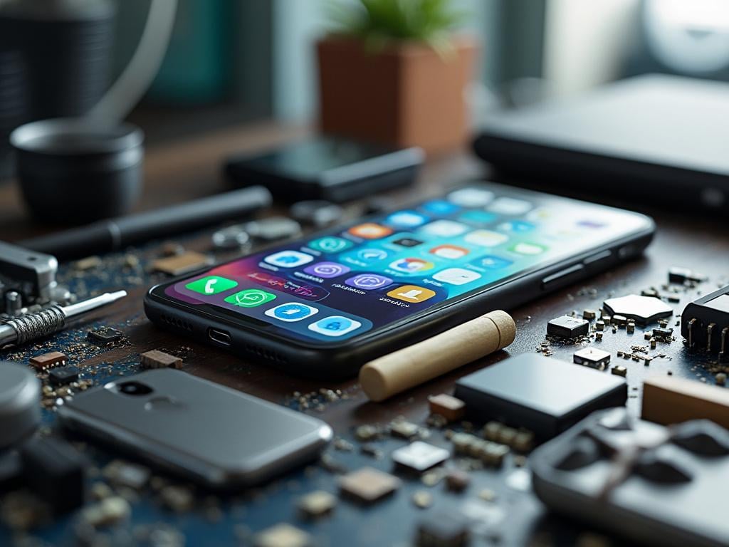 Teléfono inteligente sobre una mesa de trabajo con herramientas electrónicas y componentes de circuito.