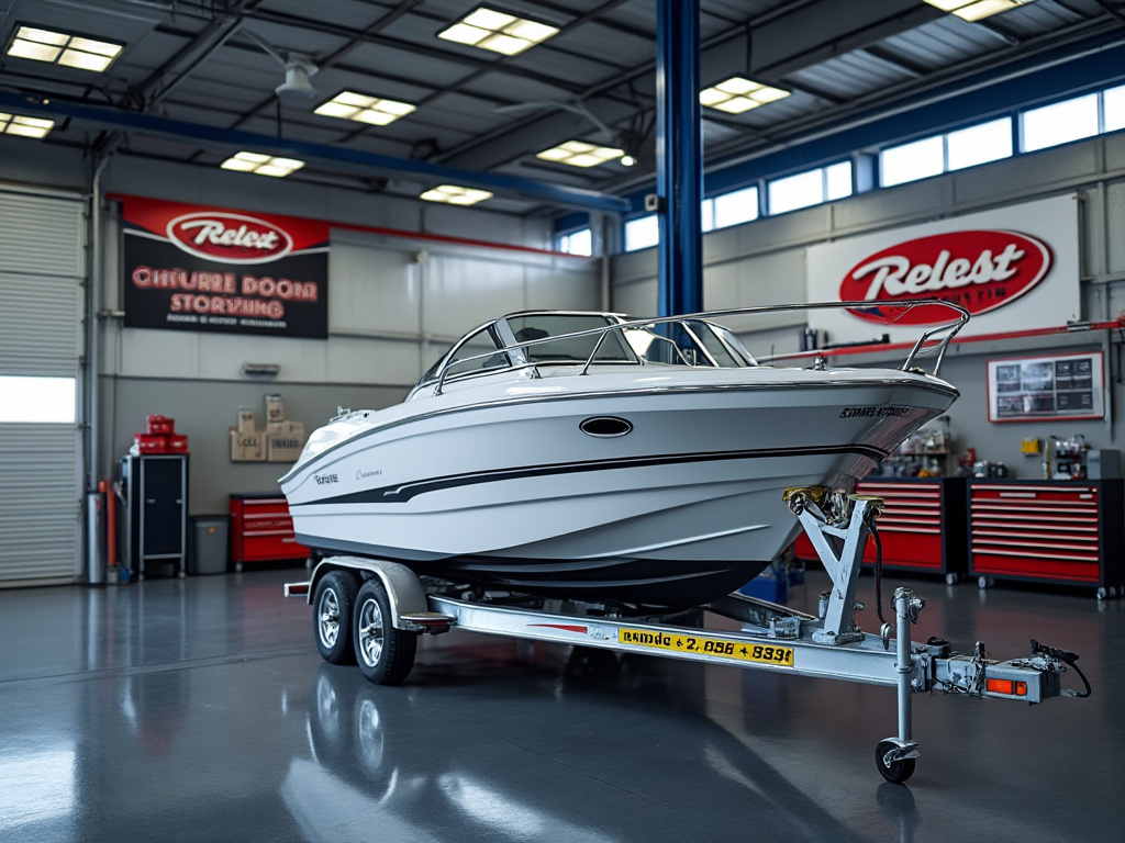 White luxury speedboat on trailer in a modern garage workshop with tool cabinets and overhead lighting