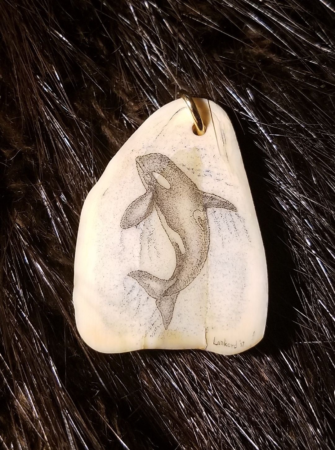 Killer Whale Scrim on Fossilized Walrus Tooth necklace, no chain...  $80.00