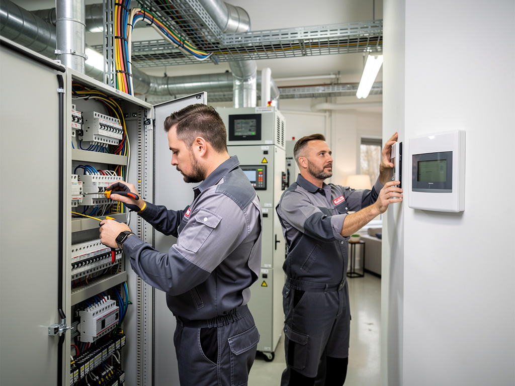 Técnicos electricistas revisan un cuadro eléctrico y un panel de control en sala técnica industrial Técnicos electricistas revisan un cuadro eléctrico y un panel de control en sala técnica industrial