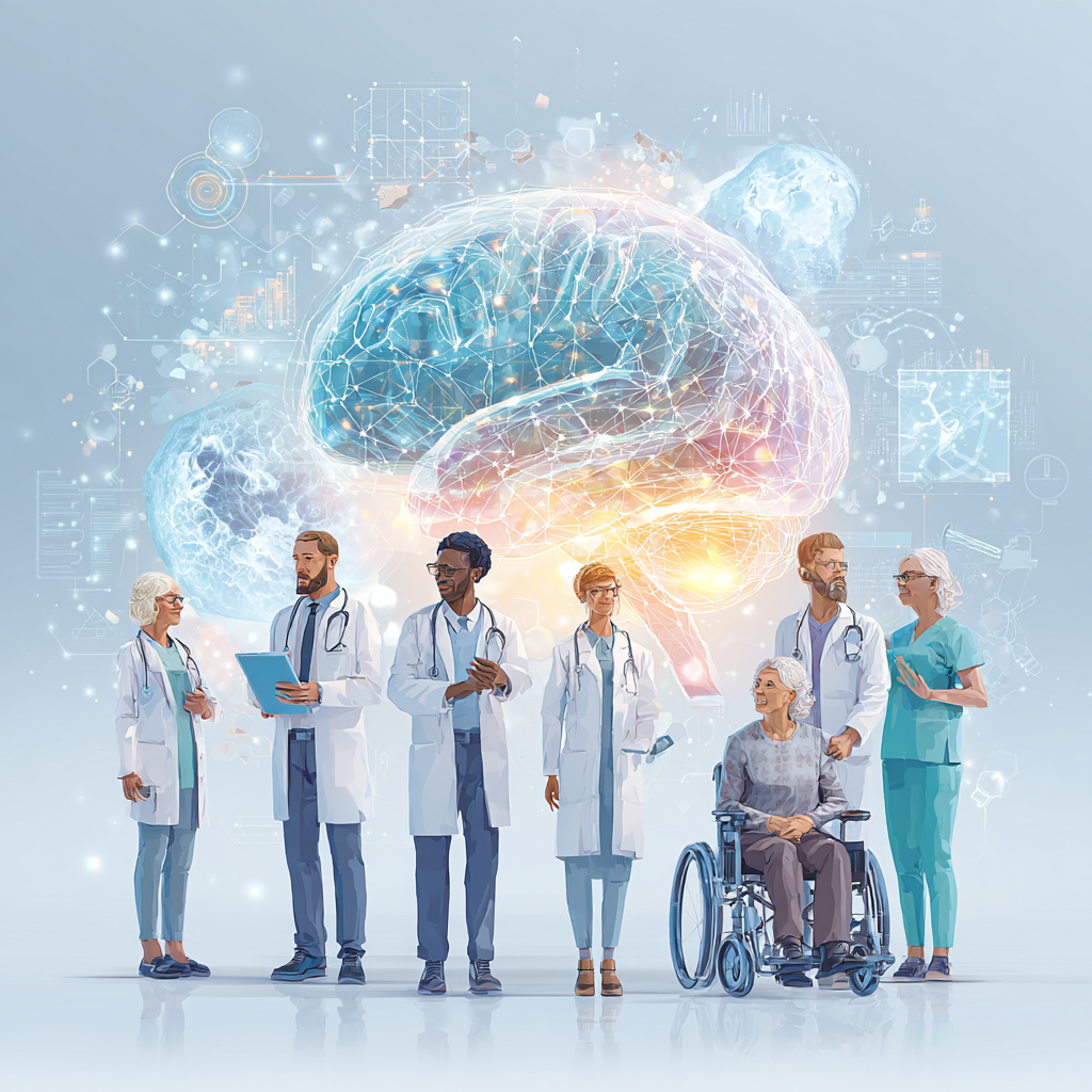 Elderly woman with gray hair and glasses smiling warmly outdoors, with soft sunlight and greenery in the background.