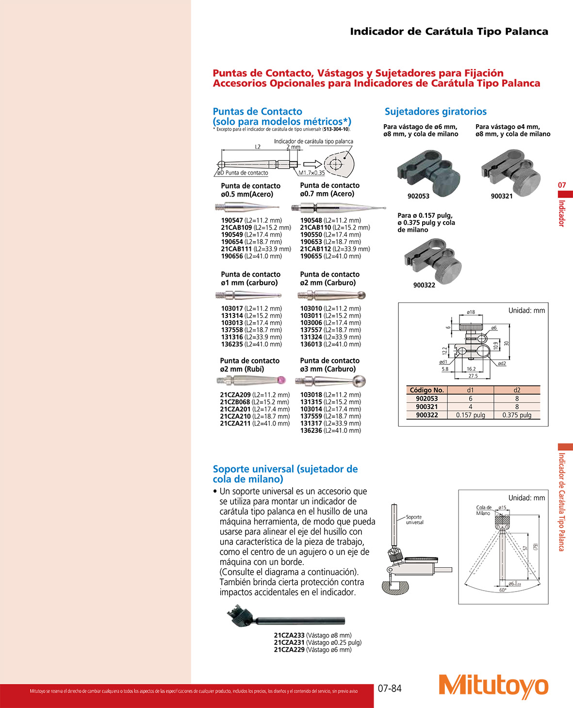 Puntas de contacto para indicadores tipo palanca,
vástagos y sujetadores para fijación