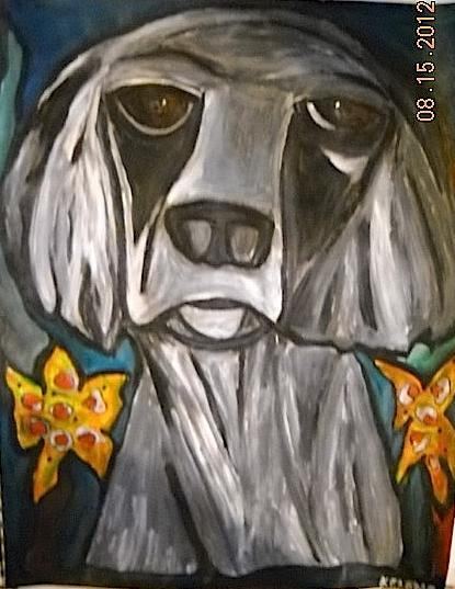 SOLD Title: grey dog. Paint on paper. 14 x 17 Framed All artwork copyrighted©.