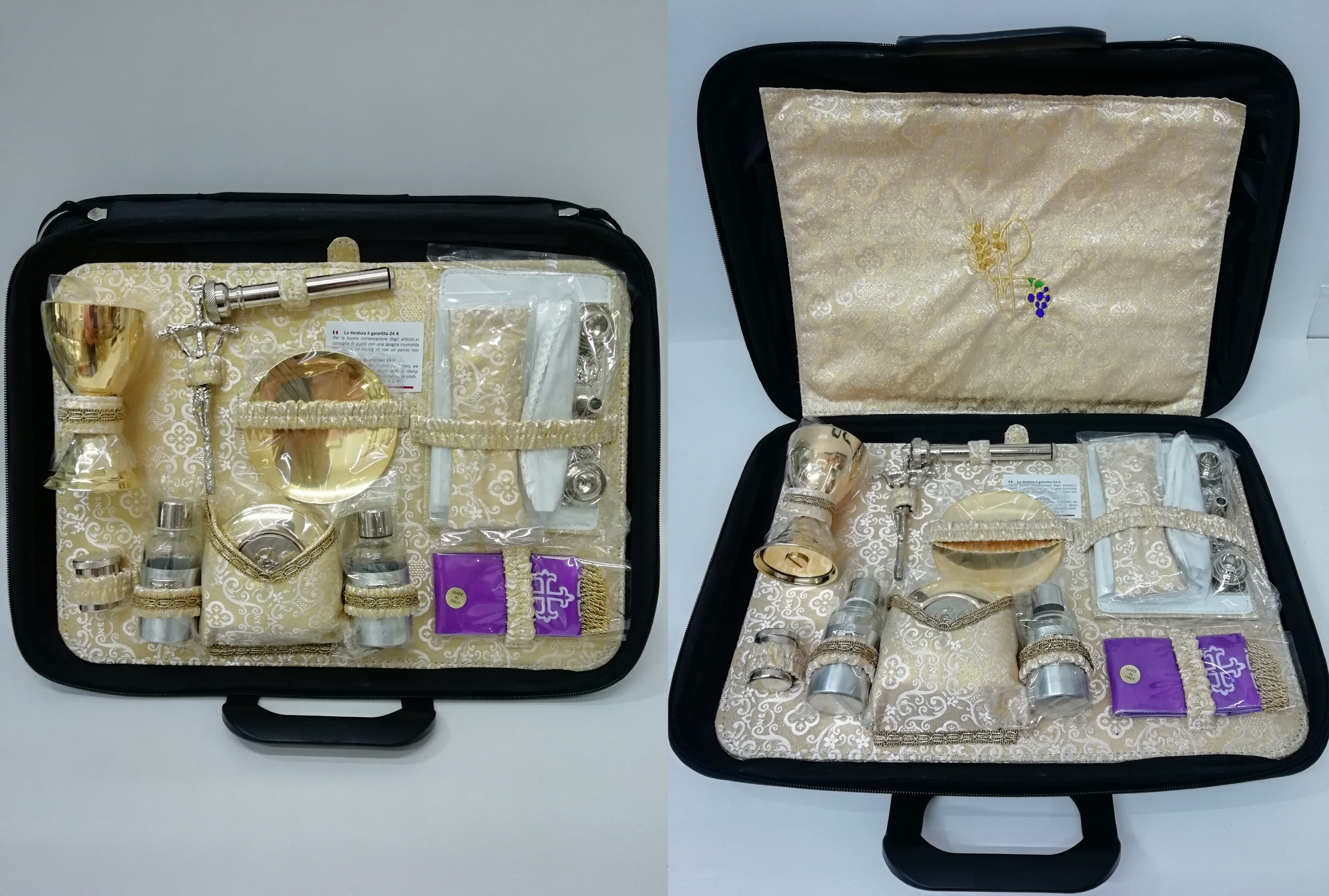 ALTAR PORTATIL CON ACCESORIOS EN BAÑO DE NIQUEL Y CHAPA DE ORO
FONDO EN COLOR DORADO METALICO

preguntar por existencias.