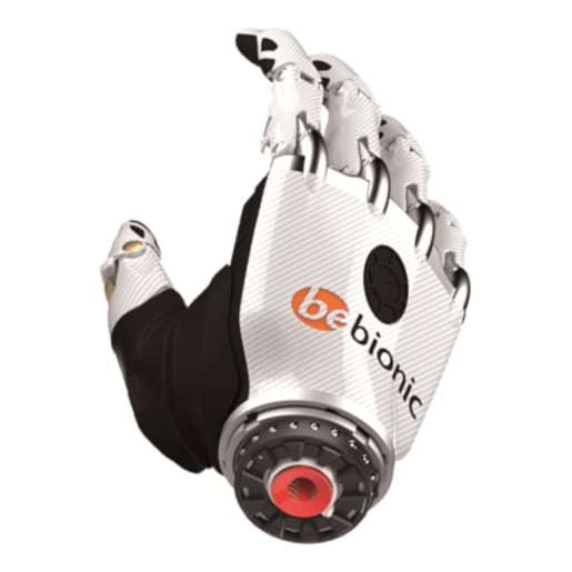 White and black bebionic prosthetic hand with articulated fingers and red wrist connector