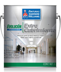 Evolución Extra Rendimiento / Extra Cubrimiento de Sherwin Williams es una pintura vinil-acrílica acabado mate que le ofrece la mejor relación precio-rendimiento, siendo la mejor opción para aquellos trabajos donde el ahorro es lo más importante.