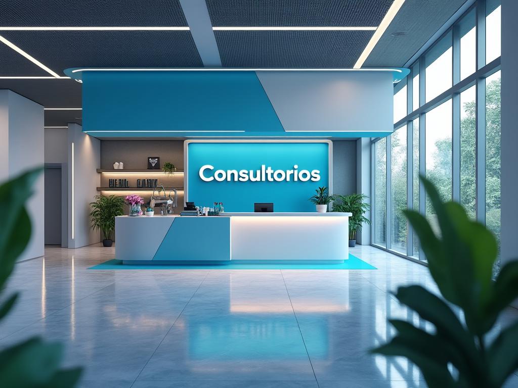 Recepción moderna de consultorios con diseño minimalista, tonos azules y plantas decorativas.