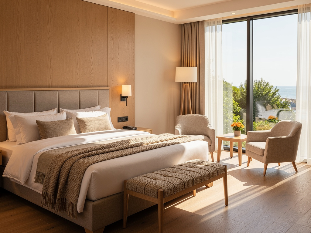 Dormitorio moderno y luminoso con cama grande, ventanales, zona de estar y vistas al mar