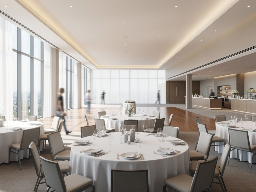 Salón de eventos moderno con mesas redondas elegantes, ventanales amplios y área de catering iluminada