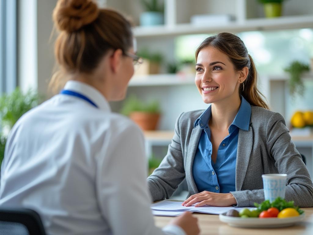 Professional business meeting between two women in an office setting, with one smiling and taking notes.