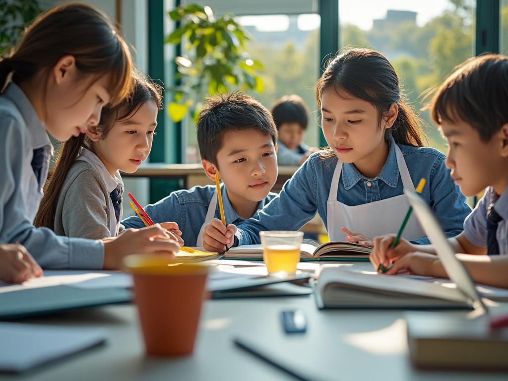 Niños estudiando juntos en una mesa con libros y lápices en un ambiente escolar.