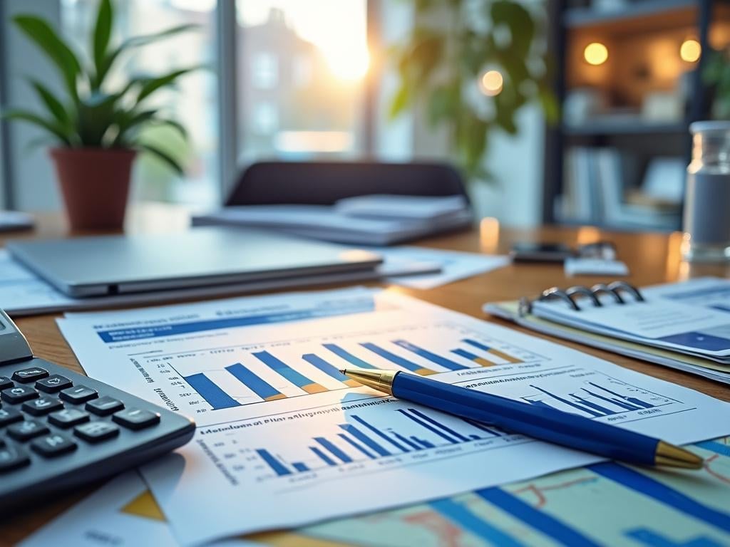 Informe financiero con gráficos de barras, bolígrafo y calculadora sobre escritorio de oficina moderno