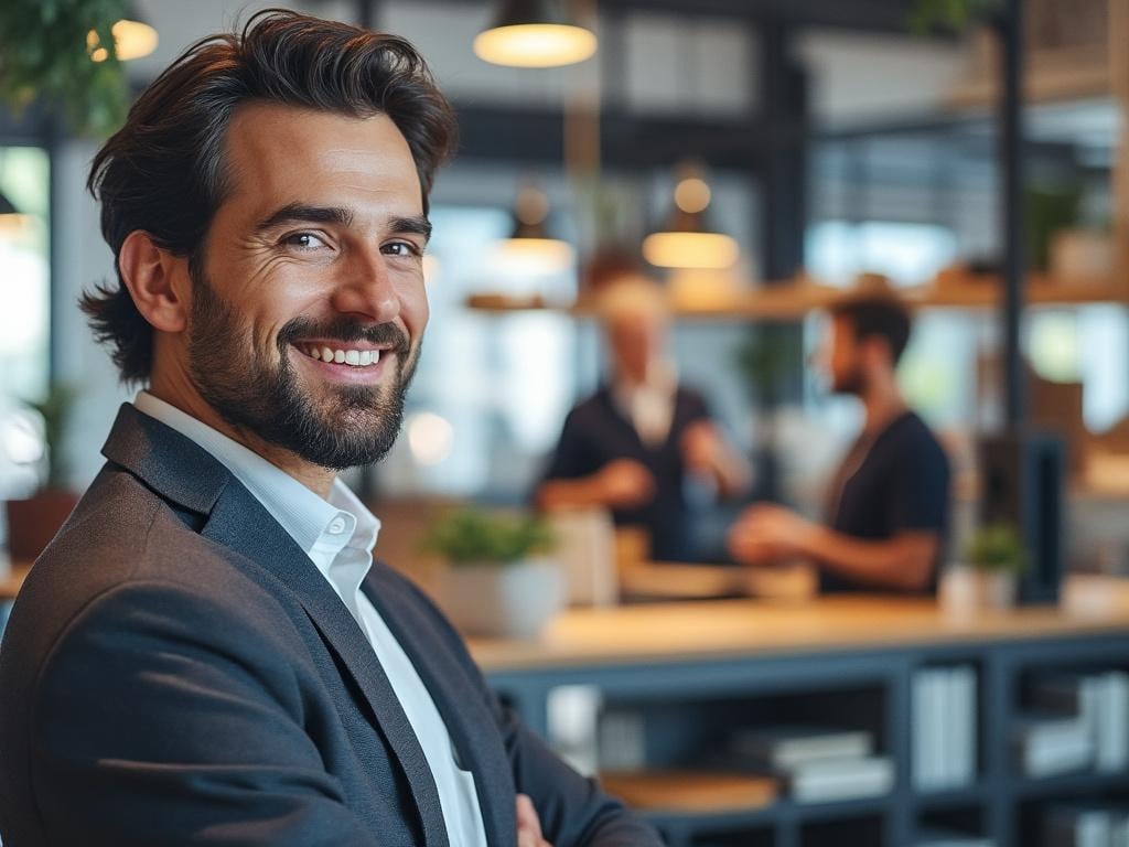 Smiling man in a suit standing in a modern office environment with colleagues in the background.