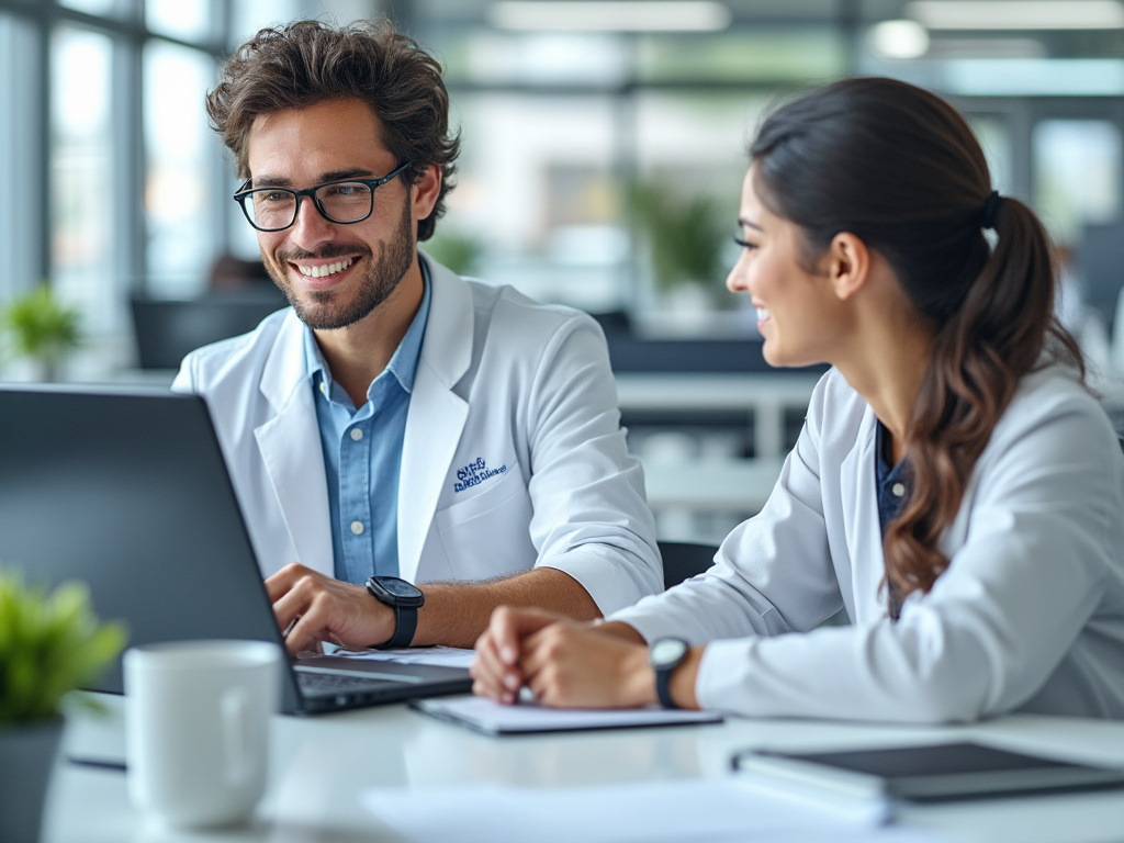 Dos médicos sonrientes trabajando en equipo en una oficina moderna, usando un ordenador portátil.