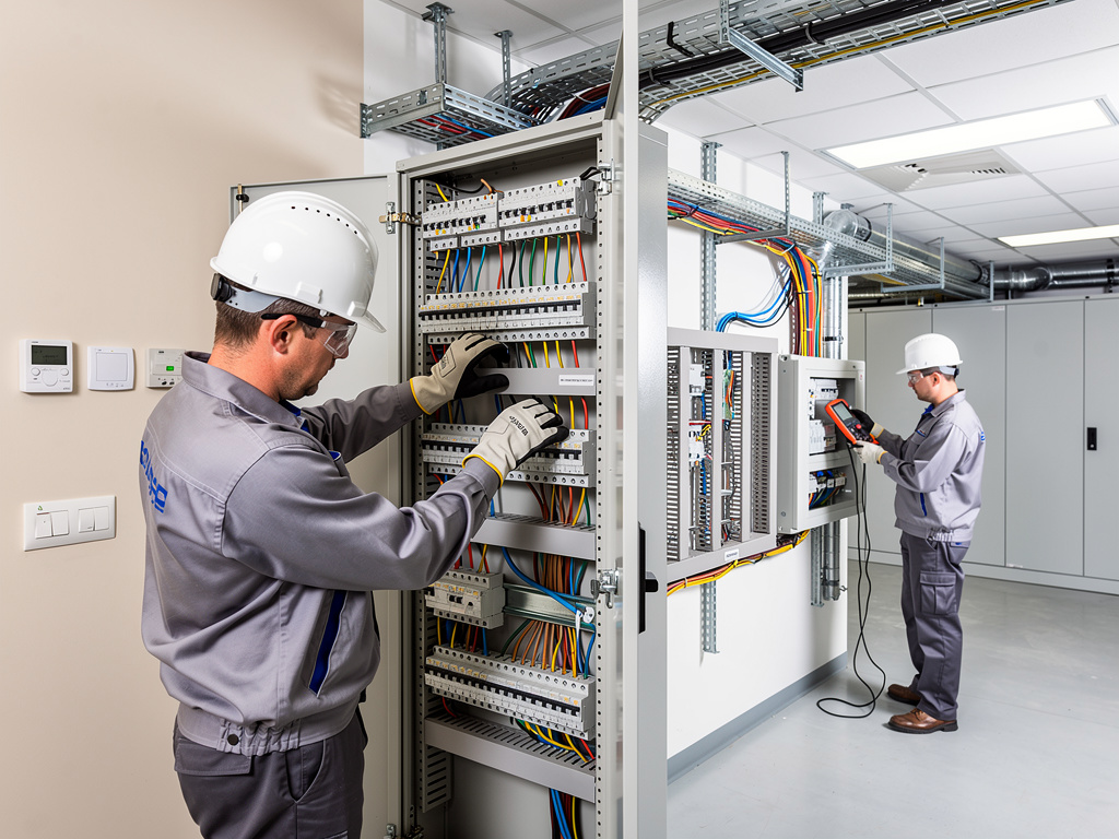 Técnicos electricistas con casco revisando paneles eléctricos industriales y cableado en sala de control