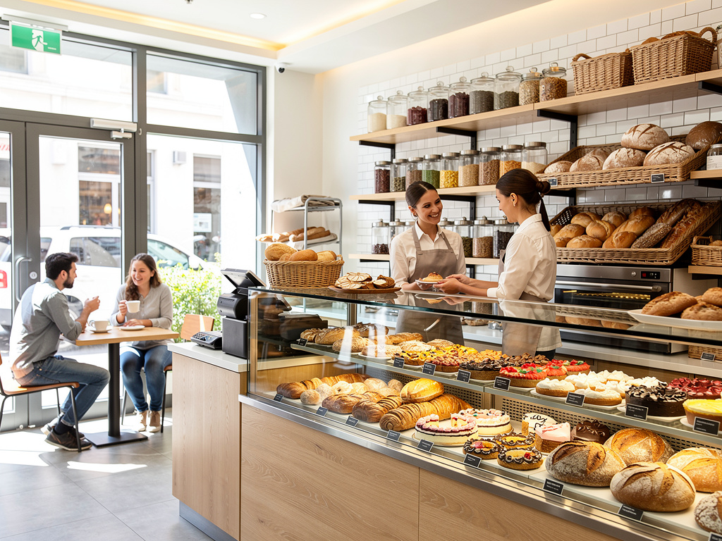 Panadería moderna con mostrador de pasteles, panes artesanales y clientes tomando café