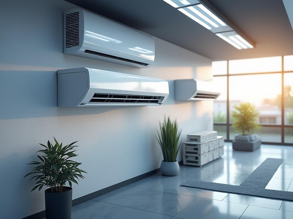 Sala moderna con aire acondicionado montado en la pared, plantas en macetas y luz natural entrando por ventanas grandes.