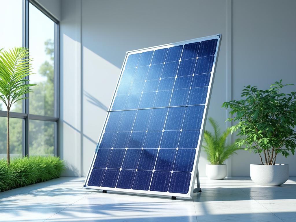 Panel solar en un interior luminoso con plantas verdes alrededor.