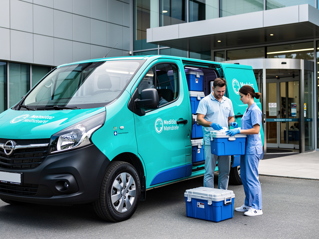 Personal sanitario entregando neveras médicas junto a furgoneta de transporte sanitario frente a un hospital
