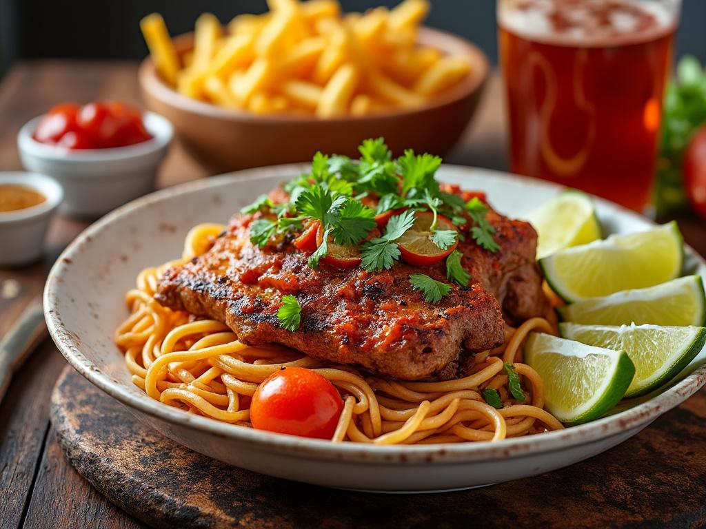 Plato de espaguetis con filete de carne, decorado con rodajas de lima y cilantro, acompañado de papas fritas y una bebida en el fondo.
