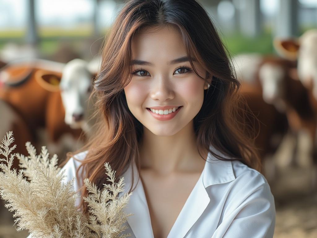 Mujer joven sonriendo con cabello largo y suelto, sosteniendo plantas secas delante de vacas en un entorno rural.
