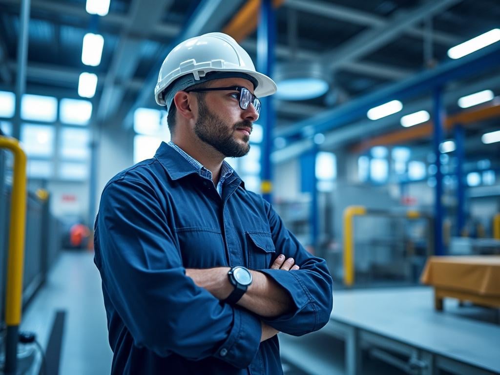 Ingeniero en fábrica usando casco y gafas de seguridad, con los brazos cruzados.