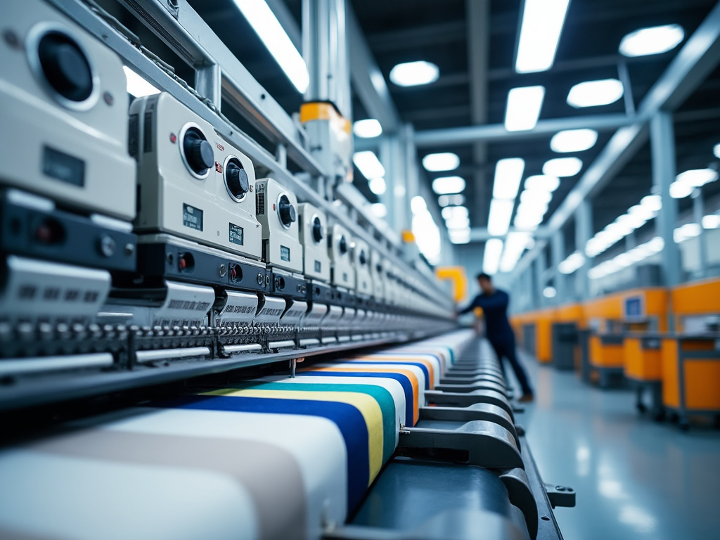 Máquina de impresión textil en una fábrica moderna con luces brillantes y varios colores de tela en proceso.