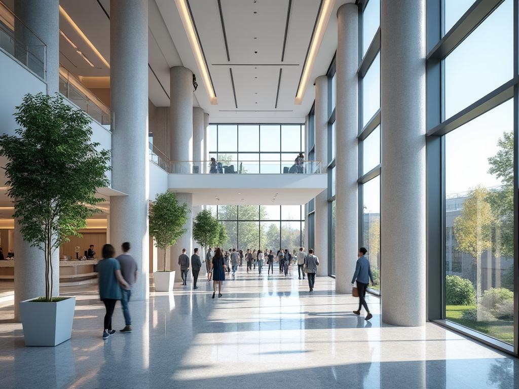 Interior de un moderno edificio de oficinas con amplias ventanas, columnas grandes y plantas decorativas; personas caminando por el vestíbulo.