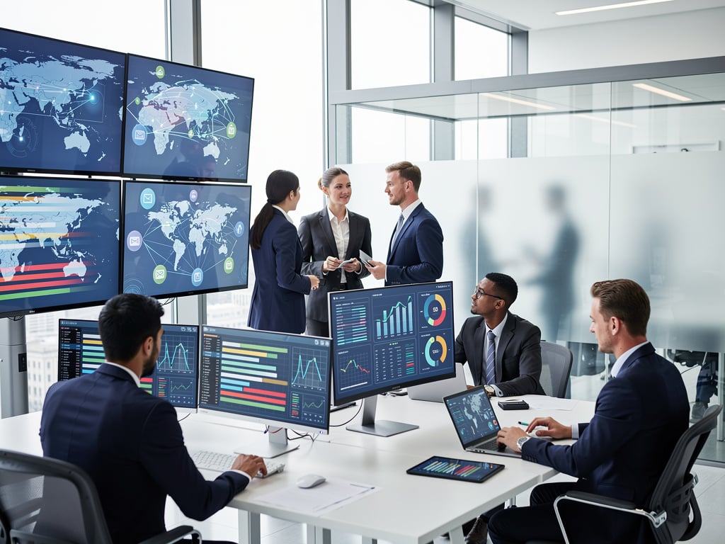 Business team analyzing global cybersecurity and data analytics dashboards in modern office