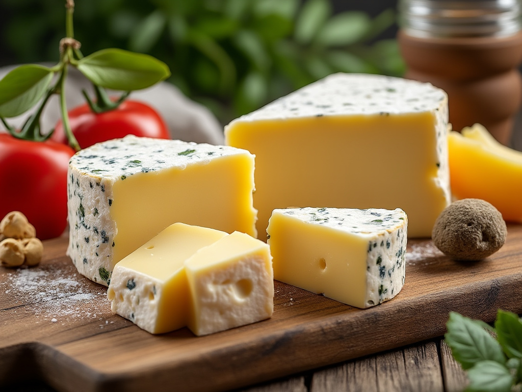 Queso con moho cortado, tomates y hierbas sobre tabla de madera. Queso con moho cortado, tomates y hierbas sobre tabla de madera.