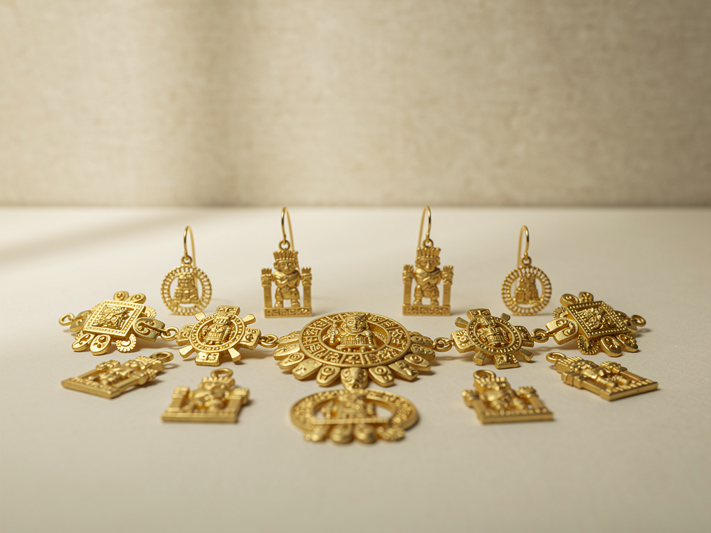 Joyería de oro artesanal con dijes y aretes de diseño prehispánico sobre fondo neutro