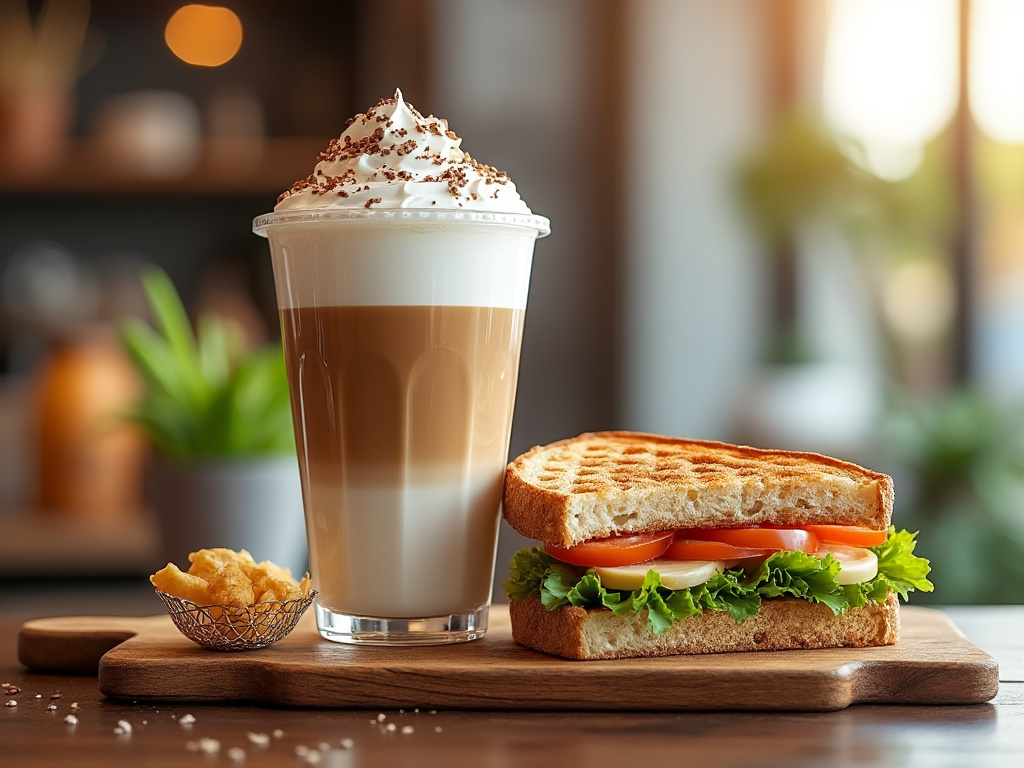 Iced coffee with whipped cream, grilled sandwich with lettuce and tomato, and a small bowl of chips on a wooden board.