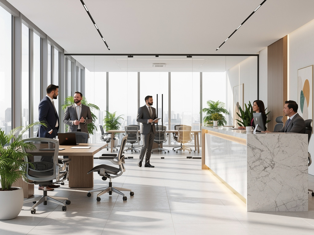 Oficina moderna y luminosa con recepción de mármol, empleados en traje, escritorios, plantas y grandes ventanales con vista urbana